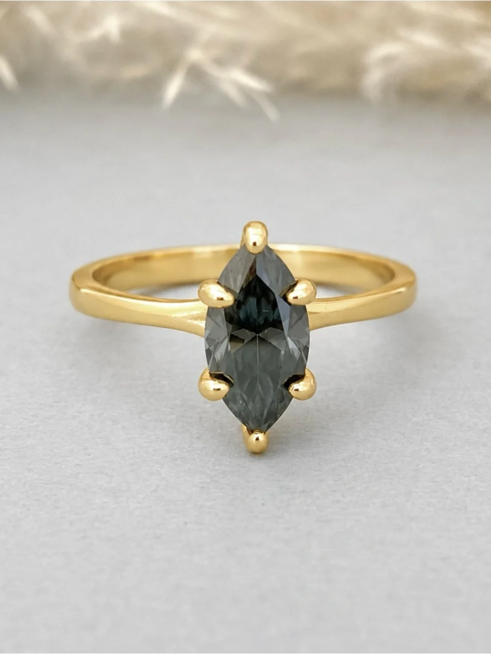 Yellow Gold Marquise Dark Gray Moissanite Diamond Sterling Silver Solitaire Ring
